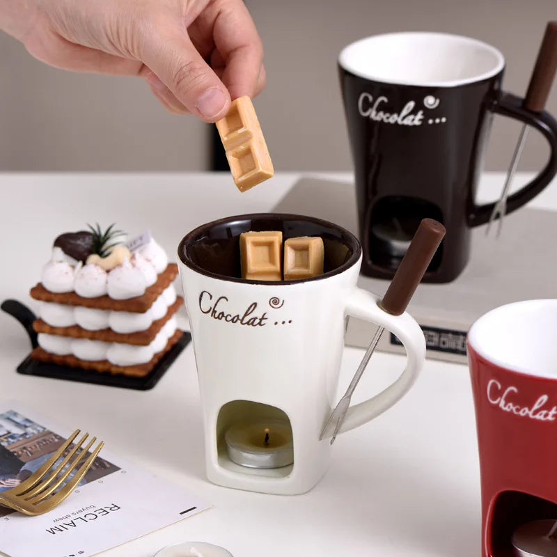 130ML Ceramic Candle Mug – Chocolate & Cheese Melting Cup with Fork