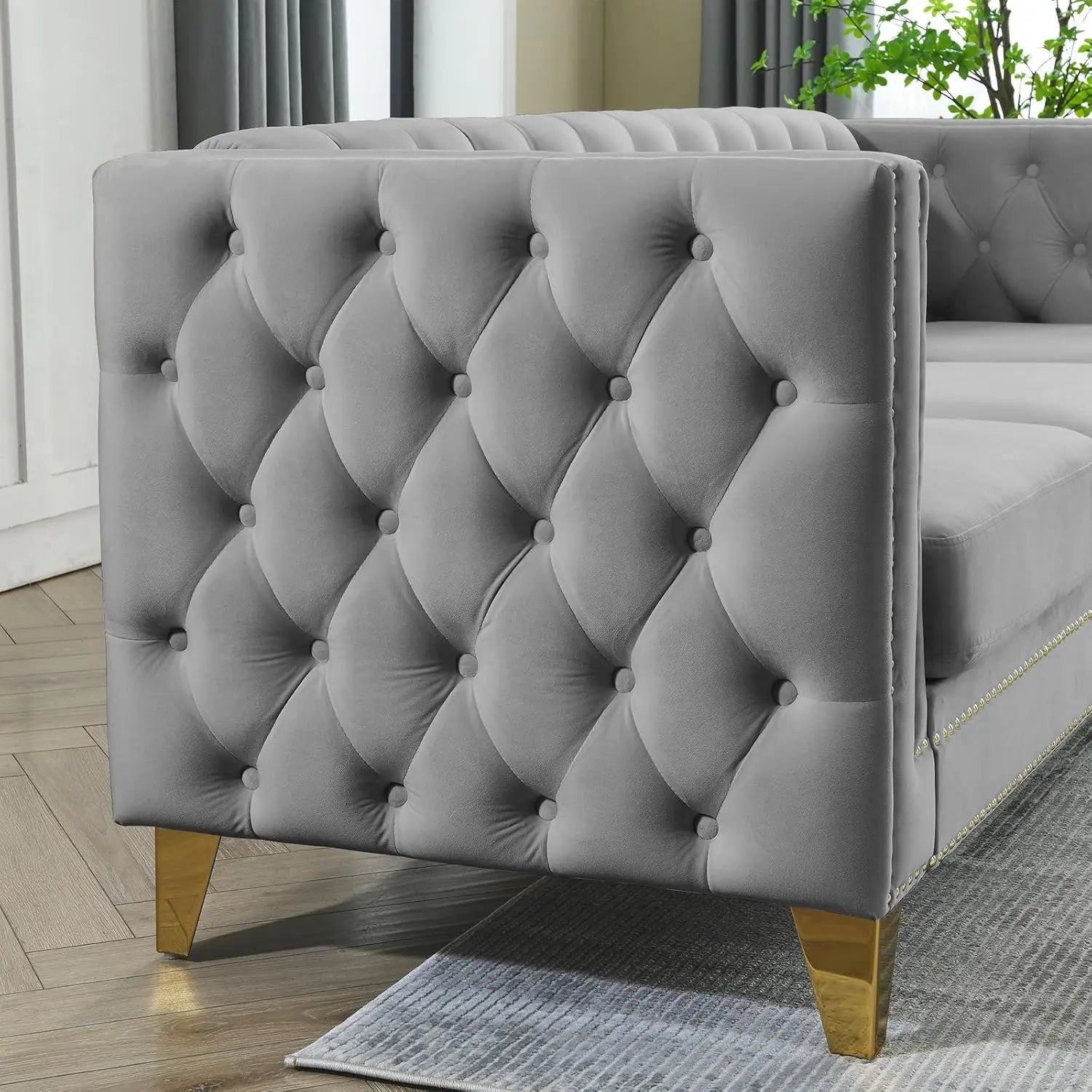 Velvet Living Room Sofa Set – Loveseat & 3-Seater with Tufted Back & Rivet Detail
