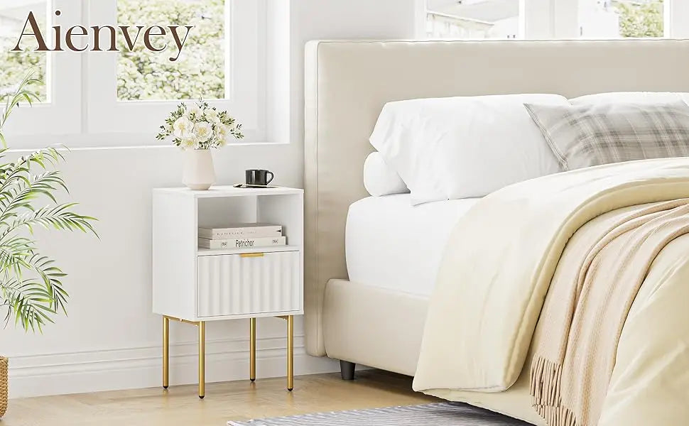 Modern White Nightstand with Gold Frame and Drawer