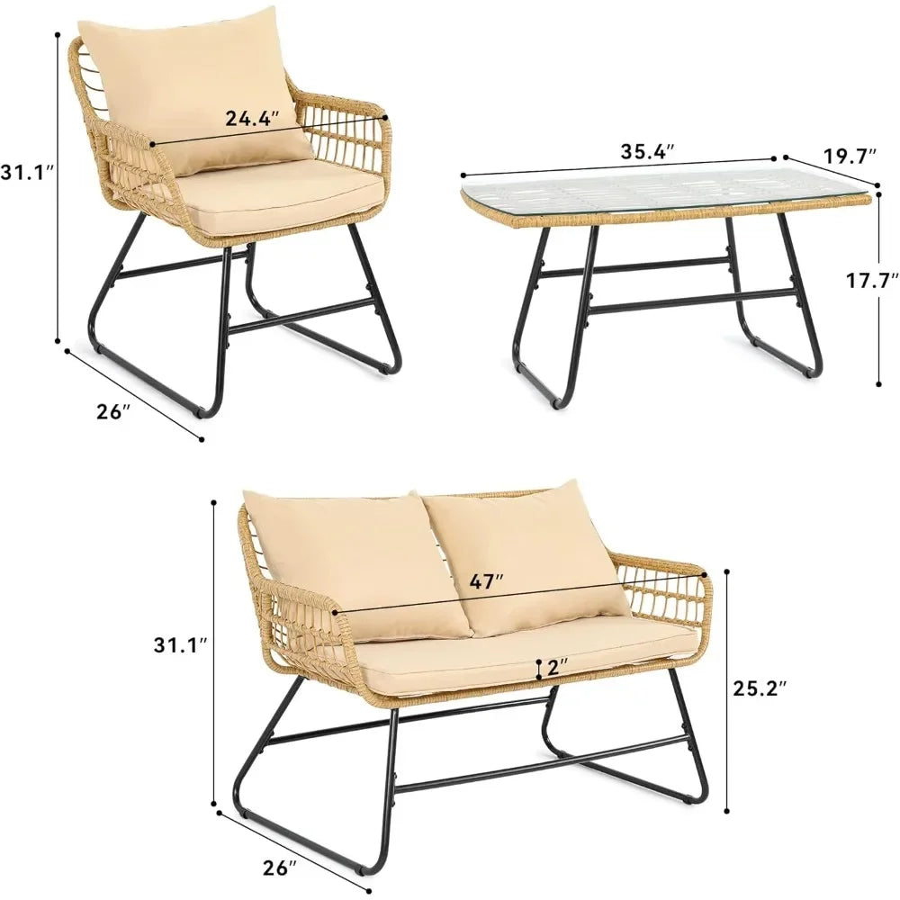 4-Piece Wicker Outdoor Patio Set with Cushions & Glass Table