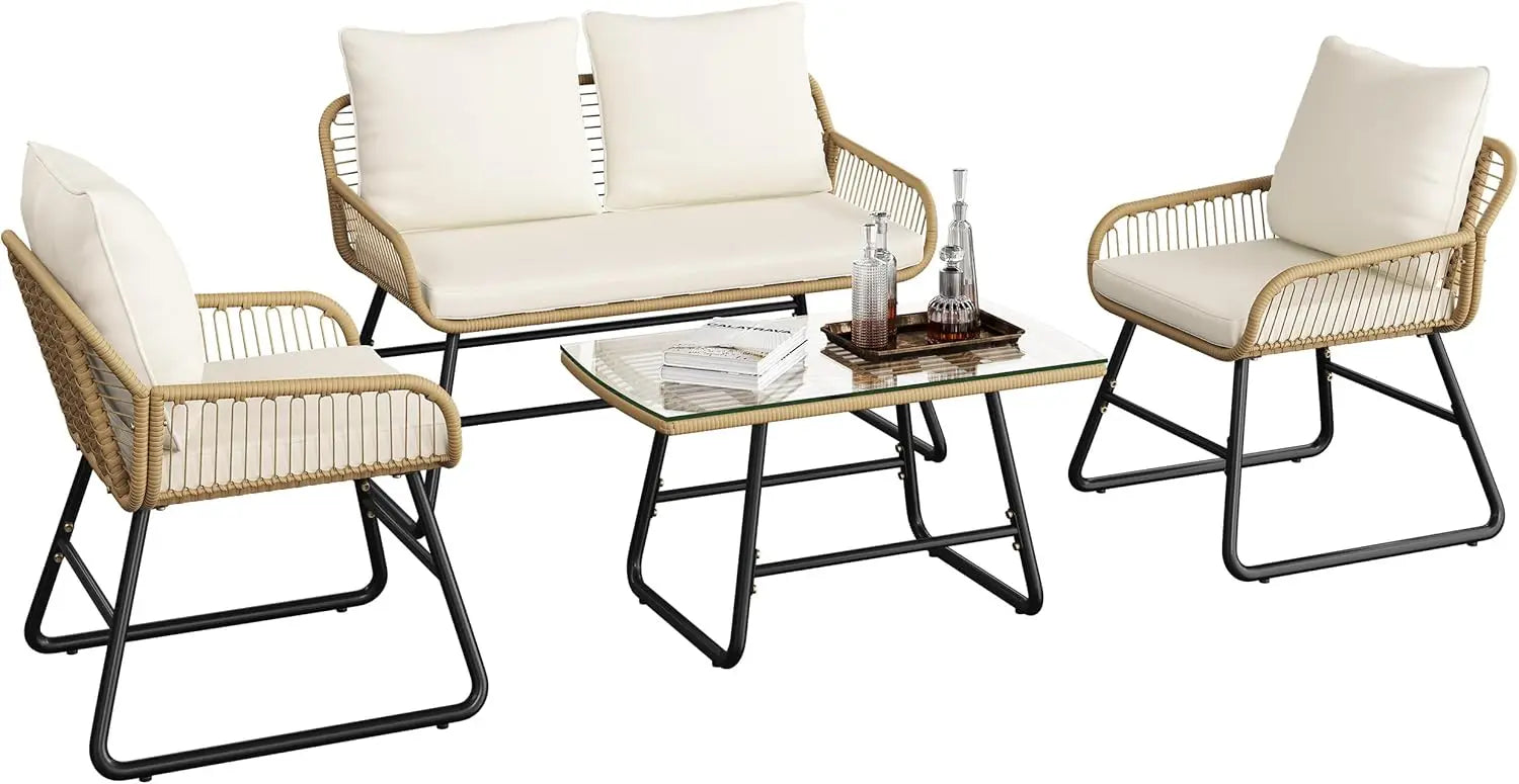 4-Piece Outdoor Wicker Patio Set with Cushions