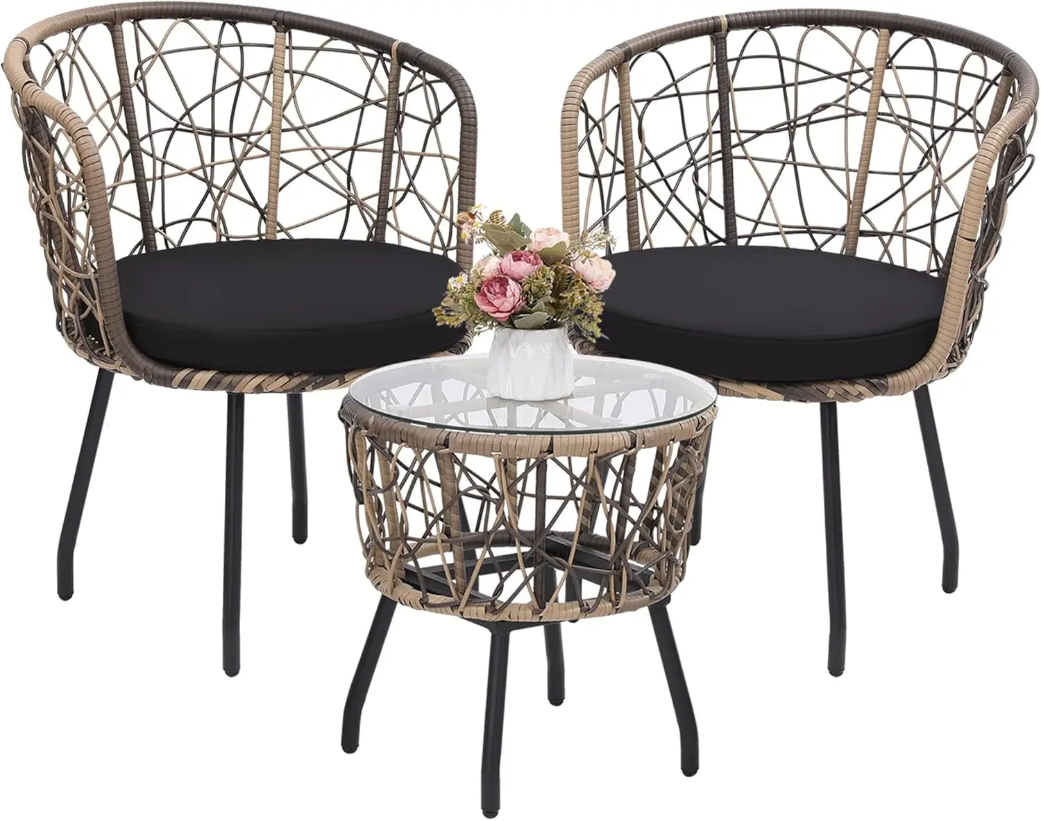 4 Piece Patio Bistro Outdoor Furniture Set, Wicker Sofa, 2 Rattan Chairs, and Table, Backyard Conversation Set, All Weather