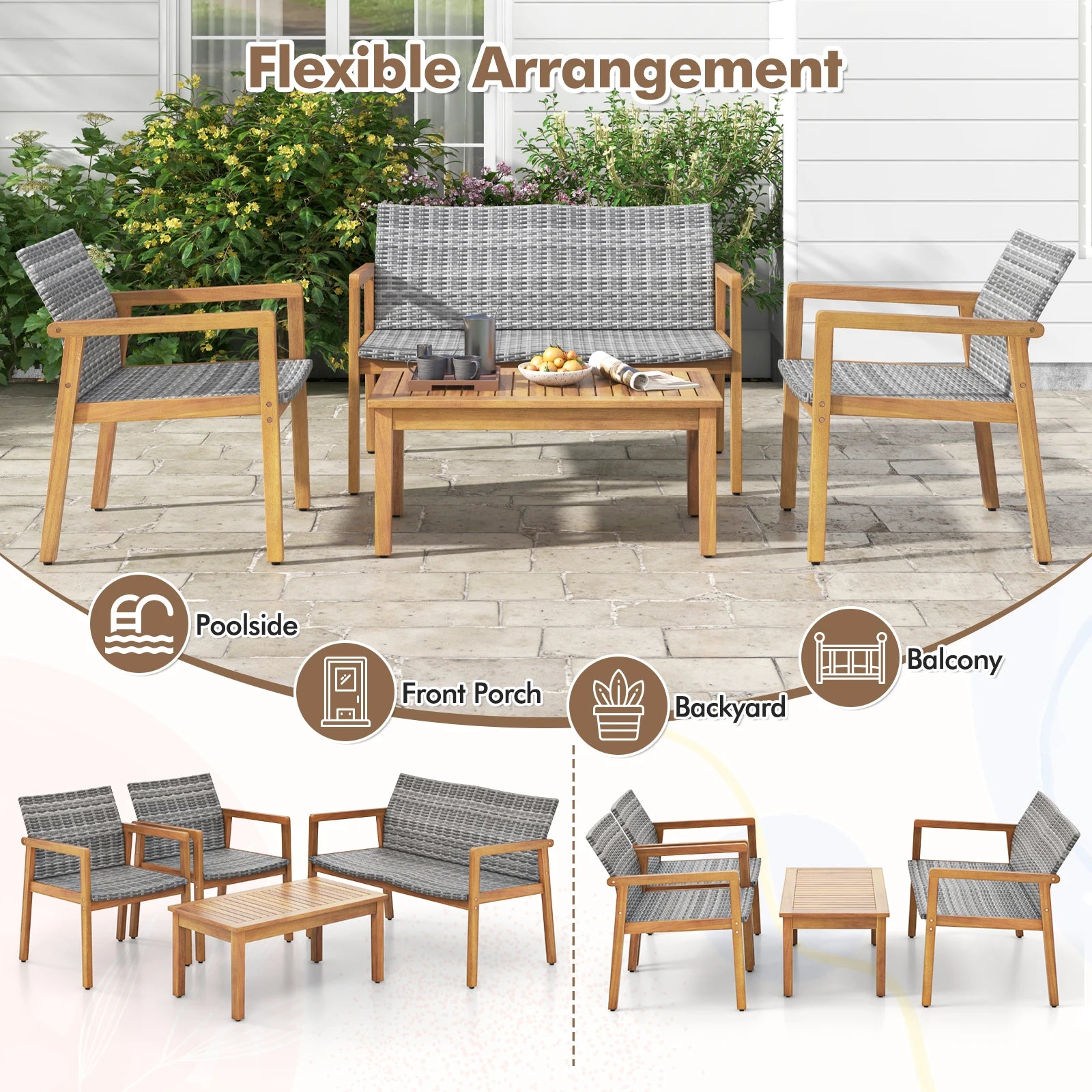 4-Piece Acacia Wood Outdoor Furniture Set with Rattan Seats