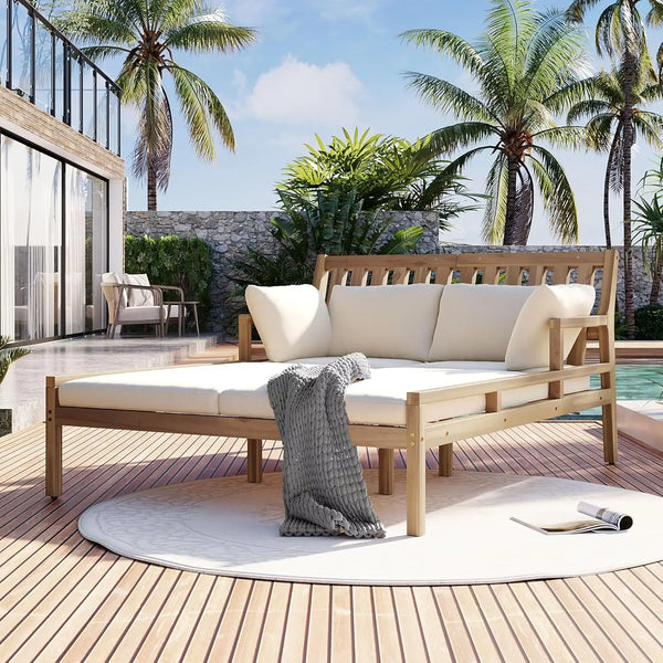 Wooden Outdoor Daybed with Pillows – Gray & Beige