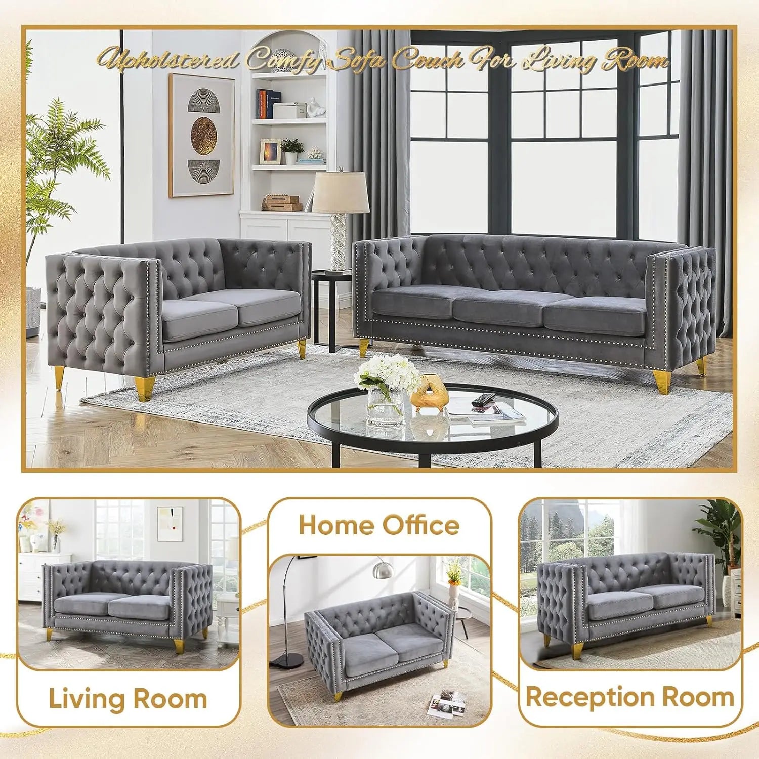 Velvet Living Room Sofa Set – Loveseat & 3-Seater with Tufted Back & Rivet Detail