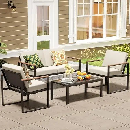 4-Piece Outdoor Patio Furniture Set with Wooden Armrests