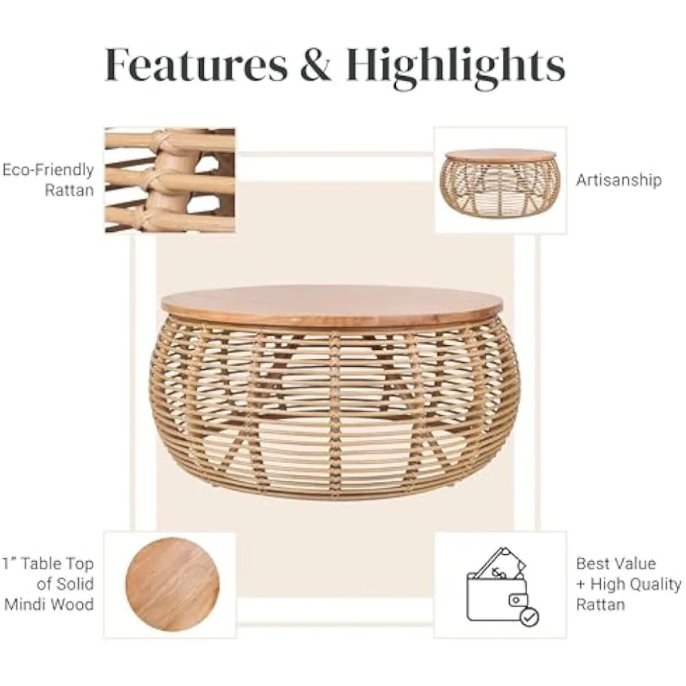 npd furniture and more Iris Rattan Round Coffee Table, Honey Brown