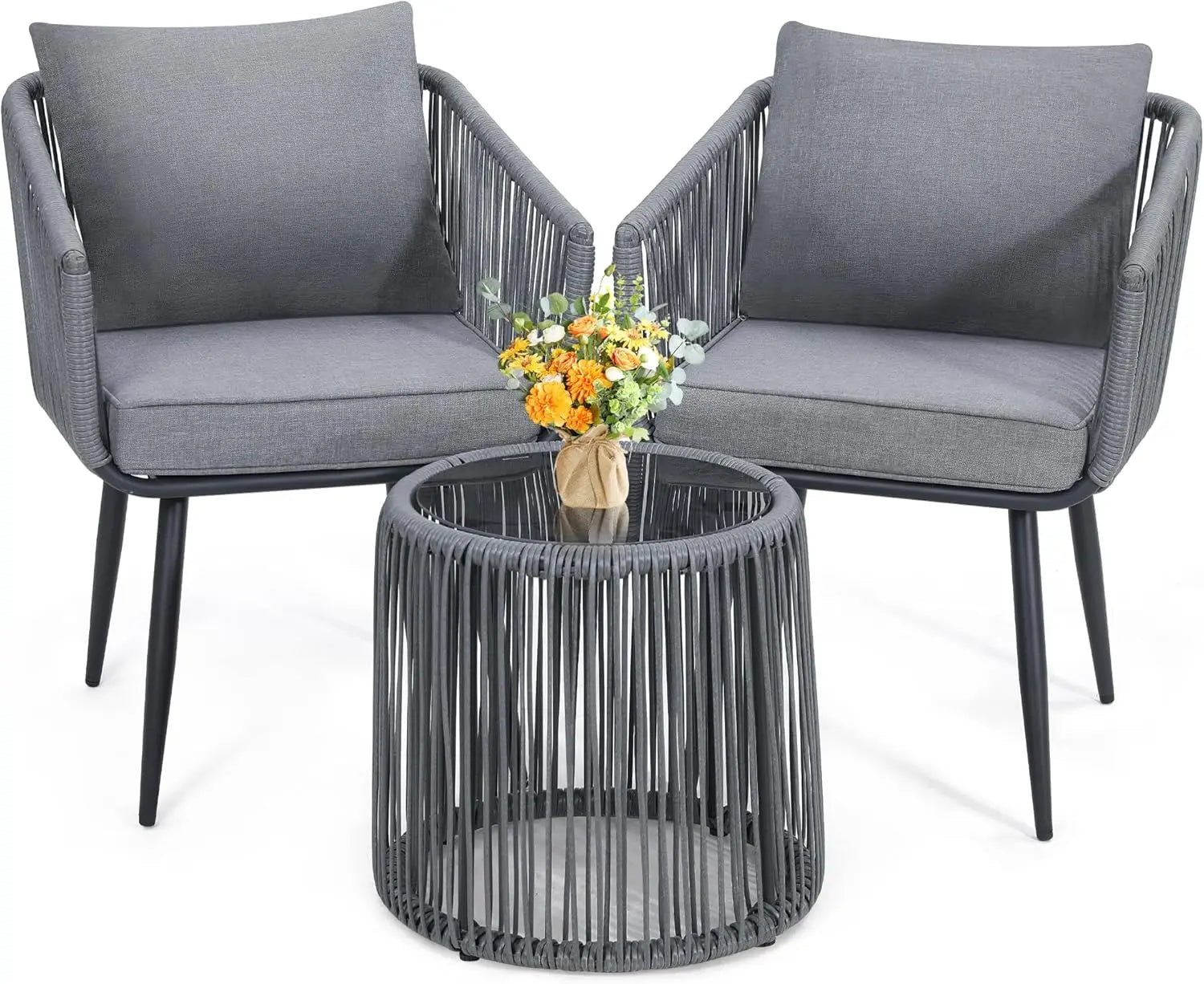 4 Piece Patio Bistro Outdoor Furniture Set, Wicker Sofa, 2 Rattan Chairs, and Table, Backyard Conversation Set, All Weather