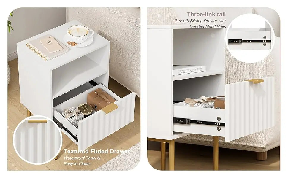 Modern White Nightstand with Gold Frame and Drawer