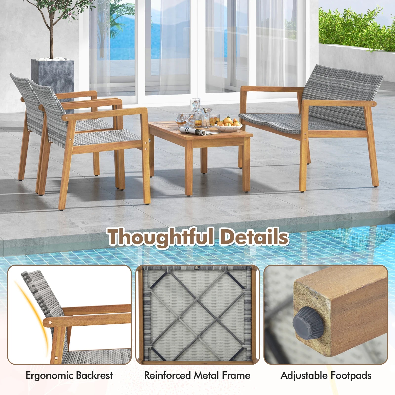 4-Piece Acacia Wood Outdoor Furniture Set with Rattan Seats