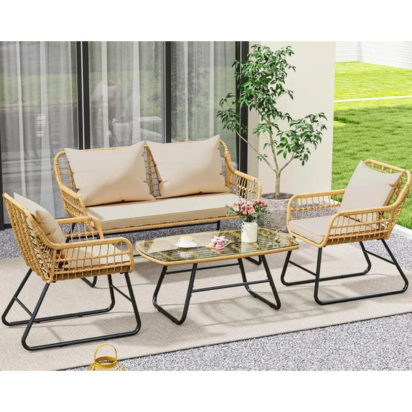 4-Piece Wicker Outdoor Patio Set with Cushions & Glass Table