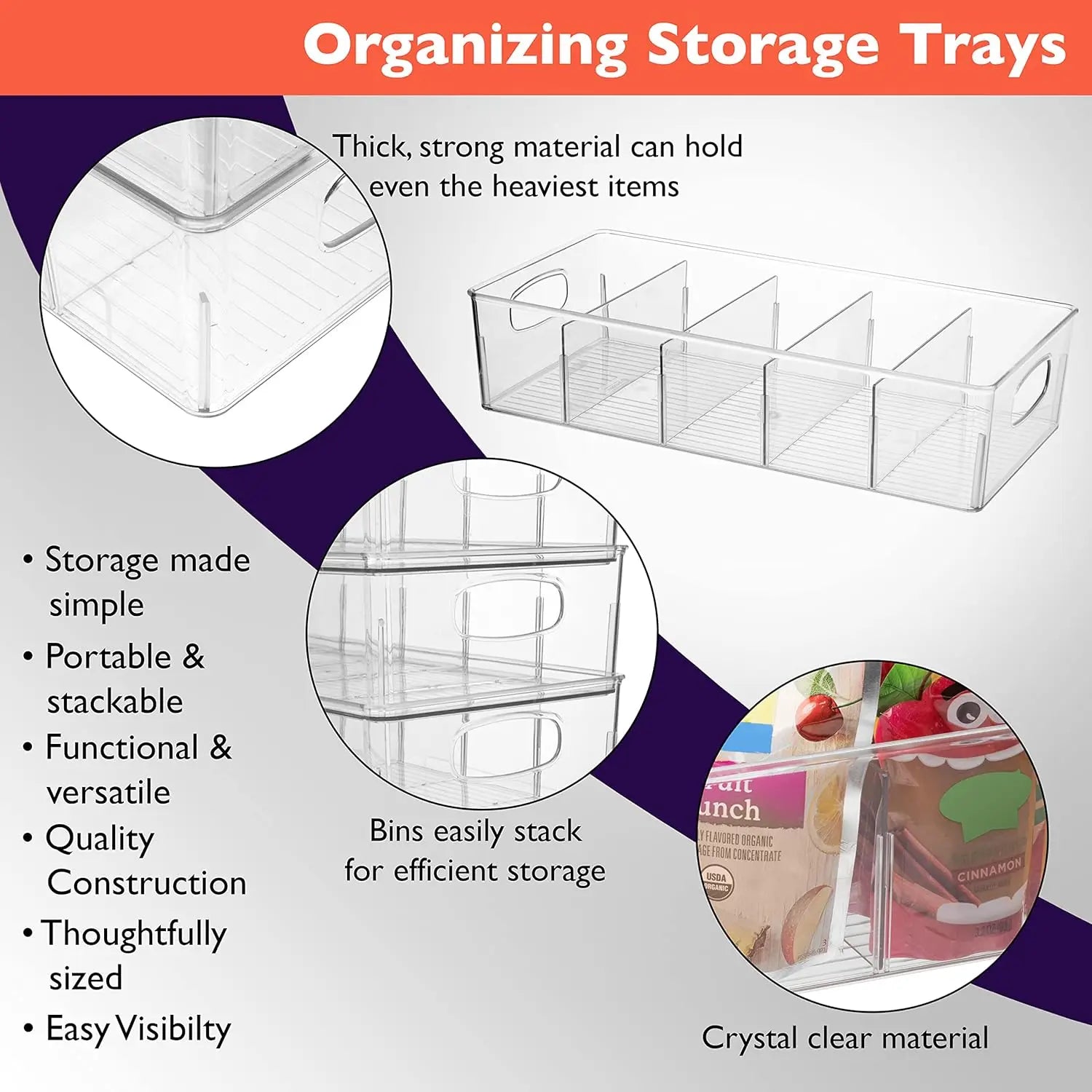 4-Pack XL Plastic Pantry Storage Bins with Dividers