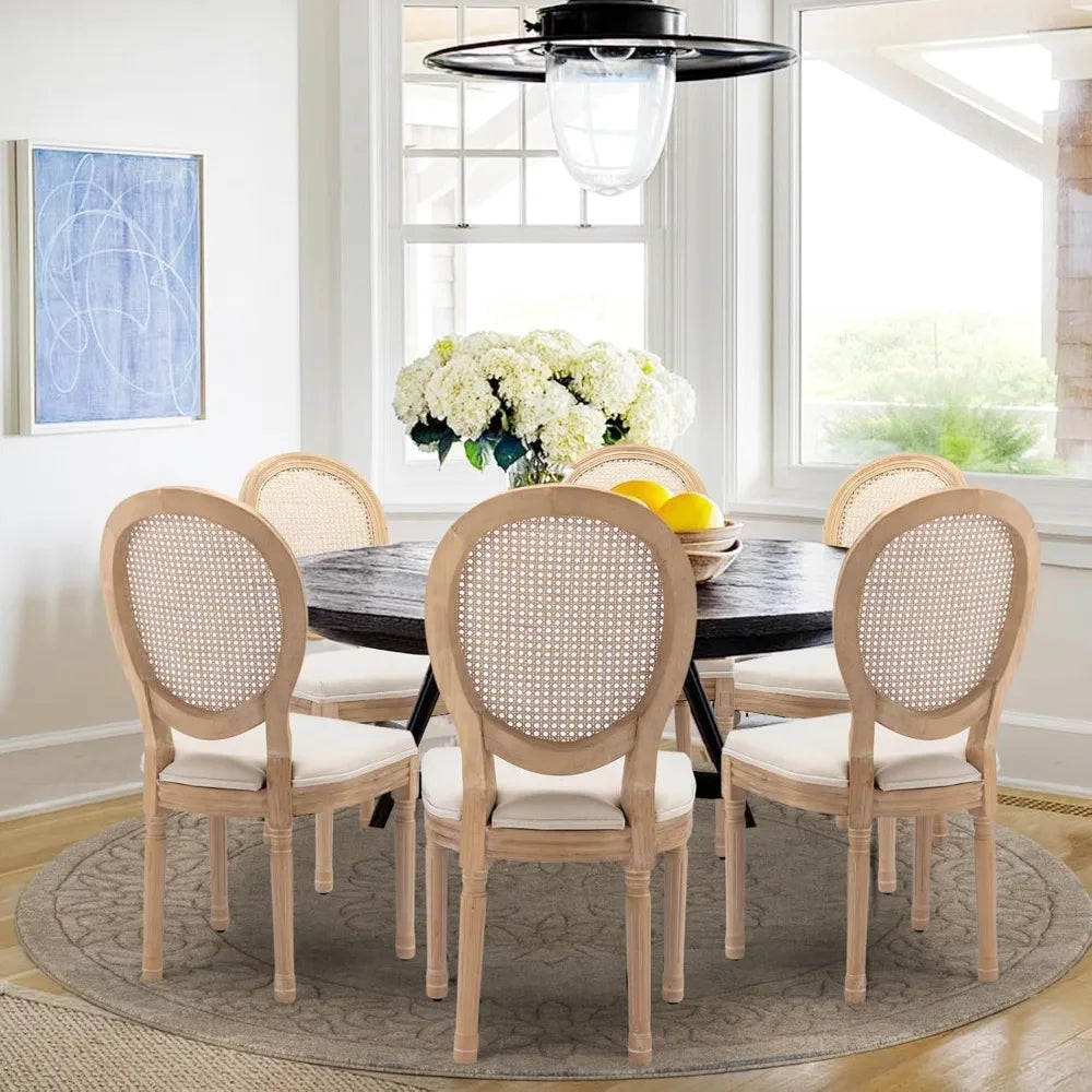 Set of 6 French Country Rattan Back Dining Chairs