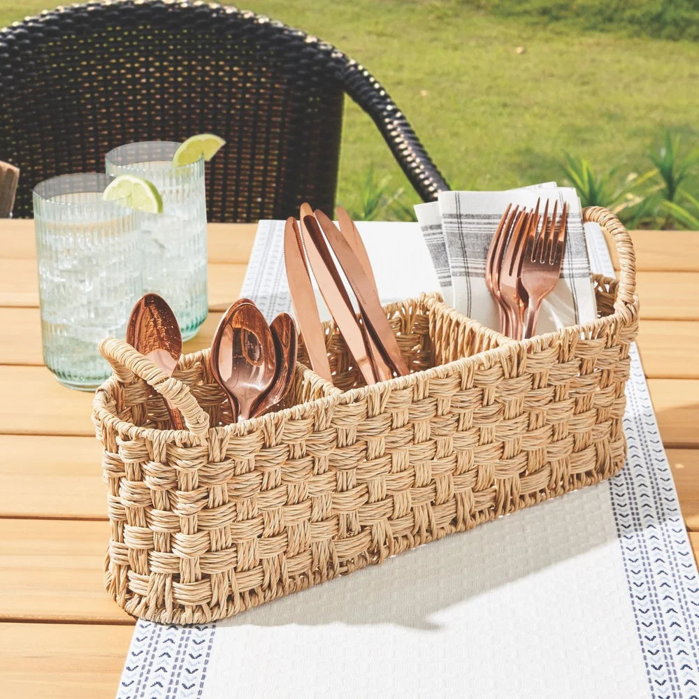 Beige Oval Rattan Utensil Caddy with Metal Frame