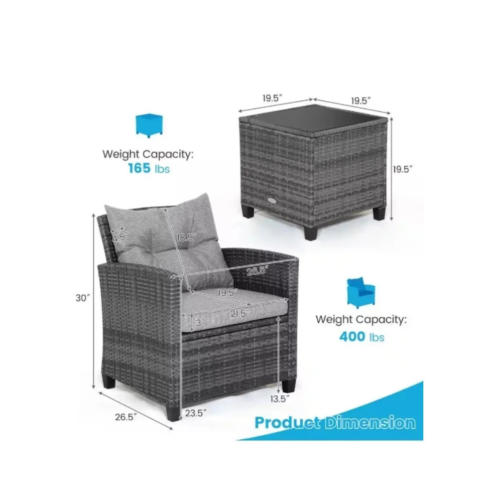 3-Piece Wicker Patio Set with Gray Cushions