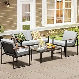 4-Piece Outdoor Patio Furniture Set with Wooden Armrests