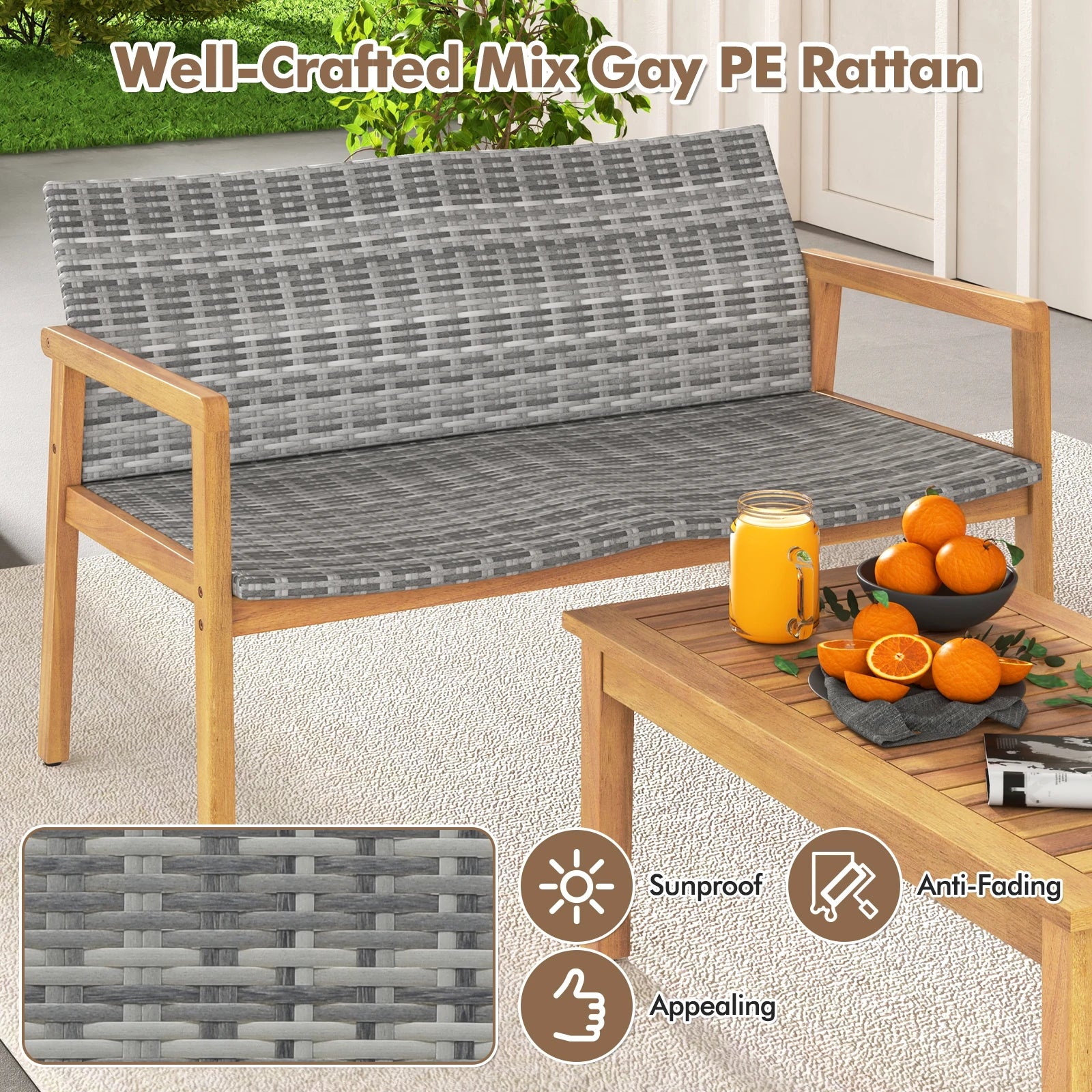 4-Piece Acacia Wood Outdoor Furniture Set with Rattan Seats