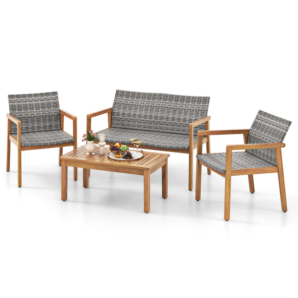 4-Piece Acacia Wood Outdoor Furniture Set with Rattan Seats