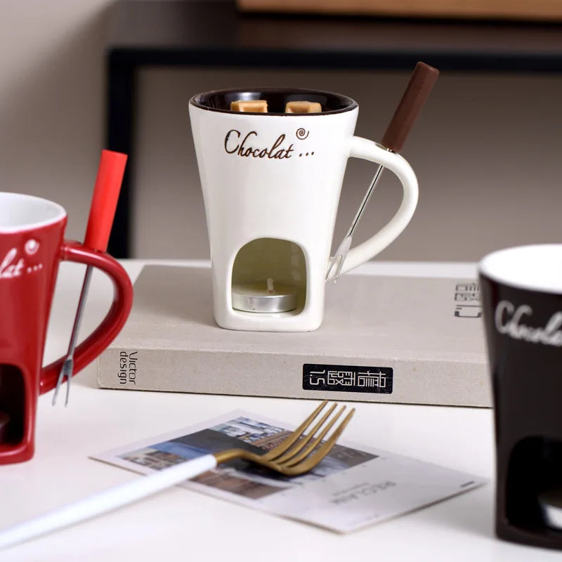 130ML Ceramic Candle Mug – Chocolate & Cheese Melting Cup with Fork