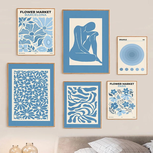 Blue Gallery Wall Art Set – Flower Market & Abstract Prints