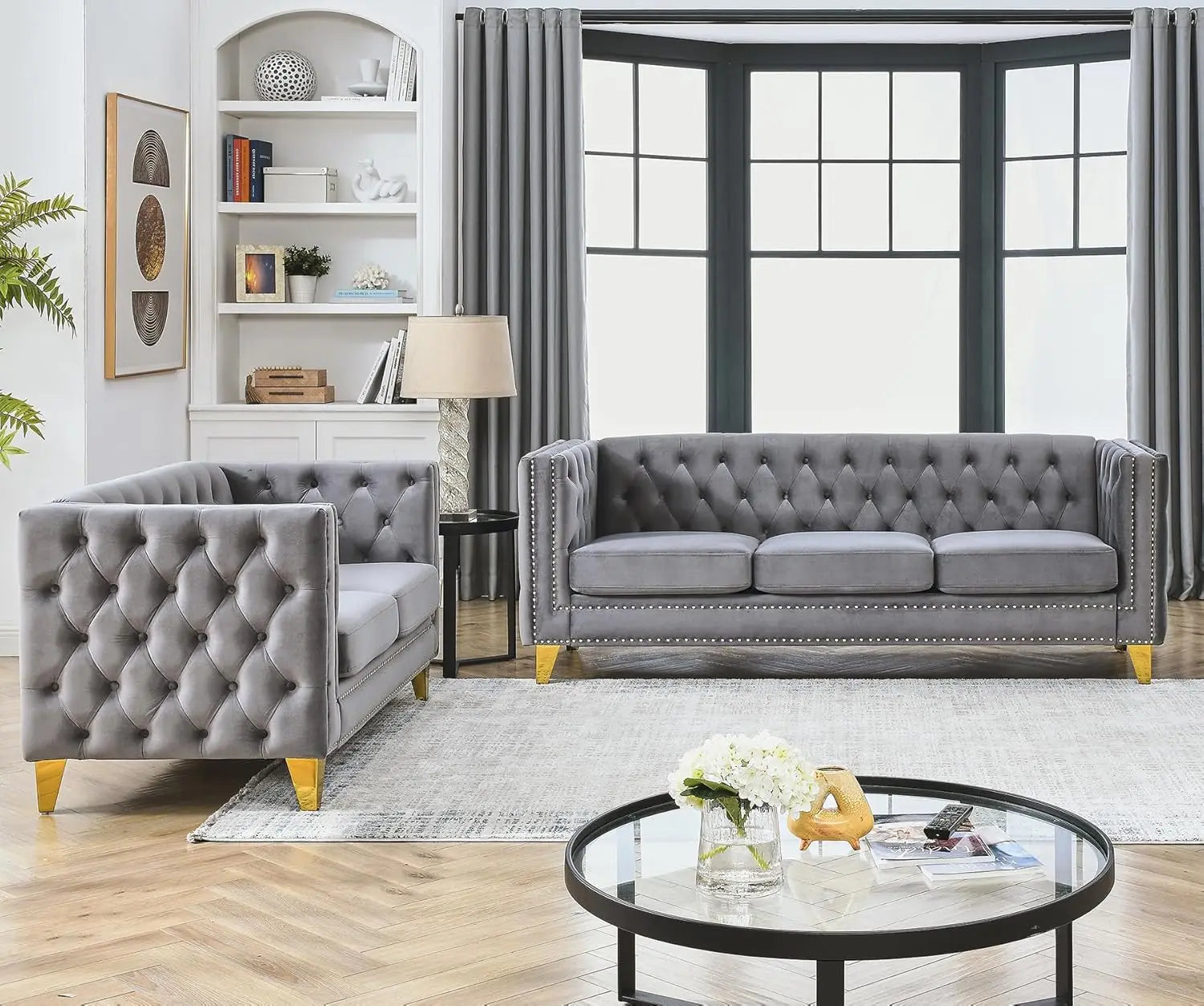 Velvet Living Room Sofa Set – Loveseat & 3-Seater with Tufted Back & Rivet Detail