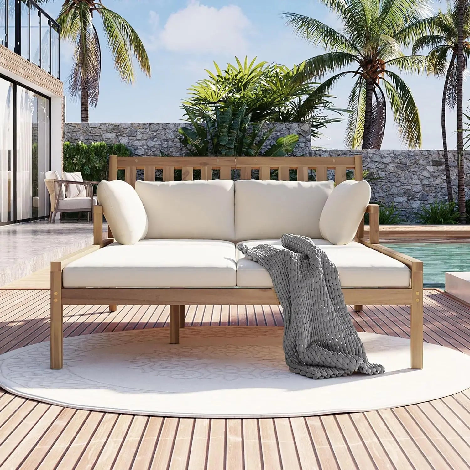 Wooden Outdoor Daybed with Pillows – Gray & Beige