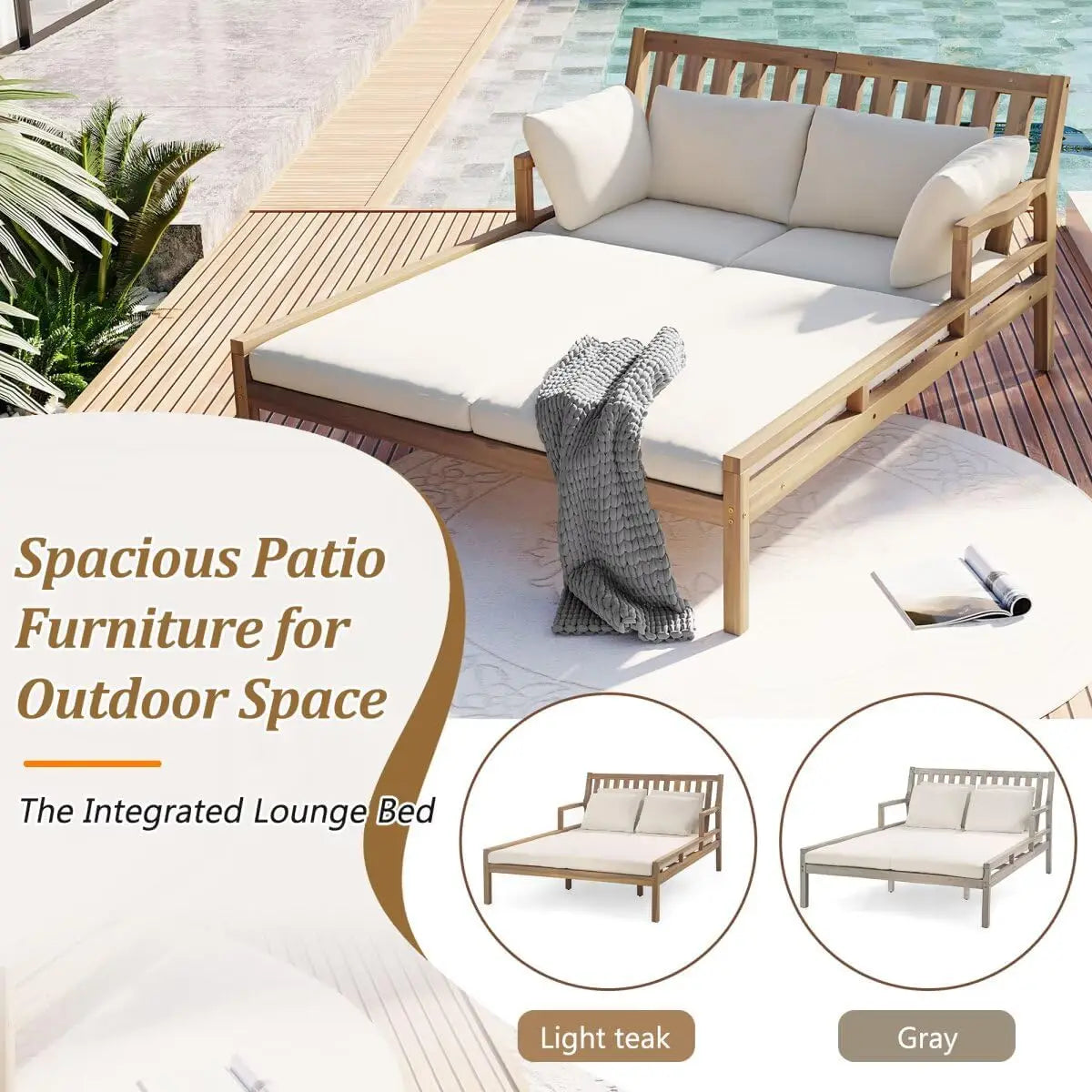 Wooden Outdoor Daybed with Pillows – Gray & Beige