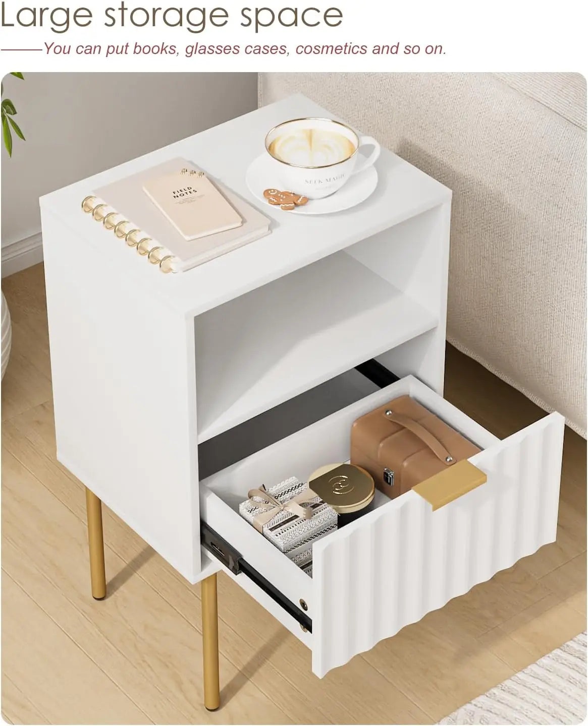 Modern White Nightstand with Gold Frame and Drawer
