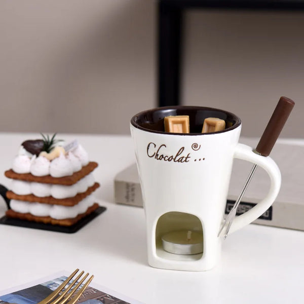 130ML Ceramic Candle Mug – Chocolate & Cheese Melting Cup with Fork