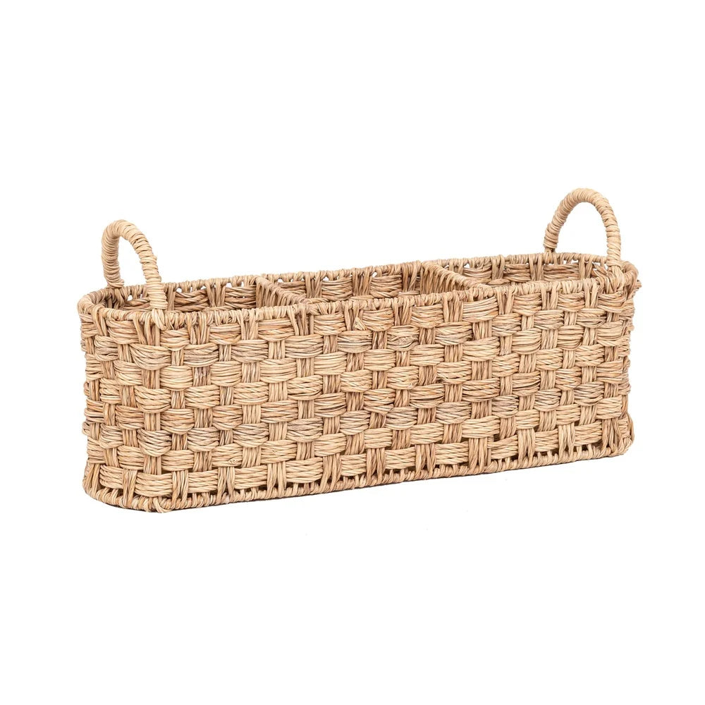 Beige Oval Rattan Utensil Caddy with Metal Frame