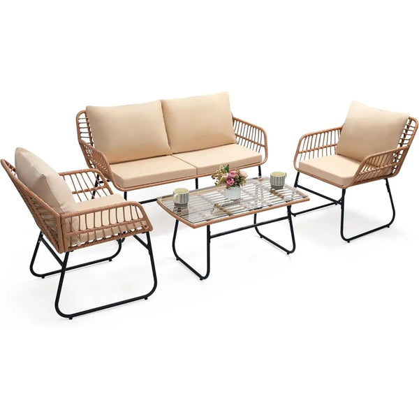 4 Piece Patio Bistro Outdoor Furniture Set, Wicker Sofa, 2 Rattan Chairs, and Table, Backyard Conversation Set, All Weather