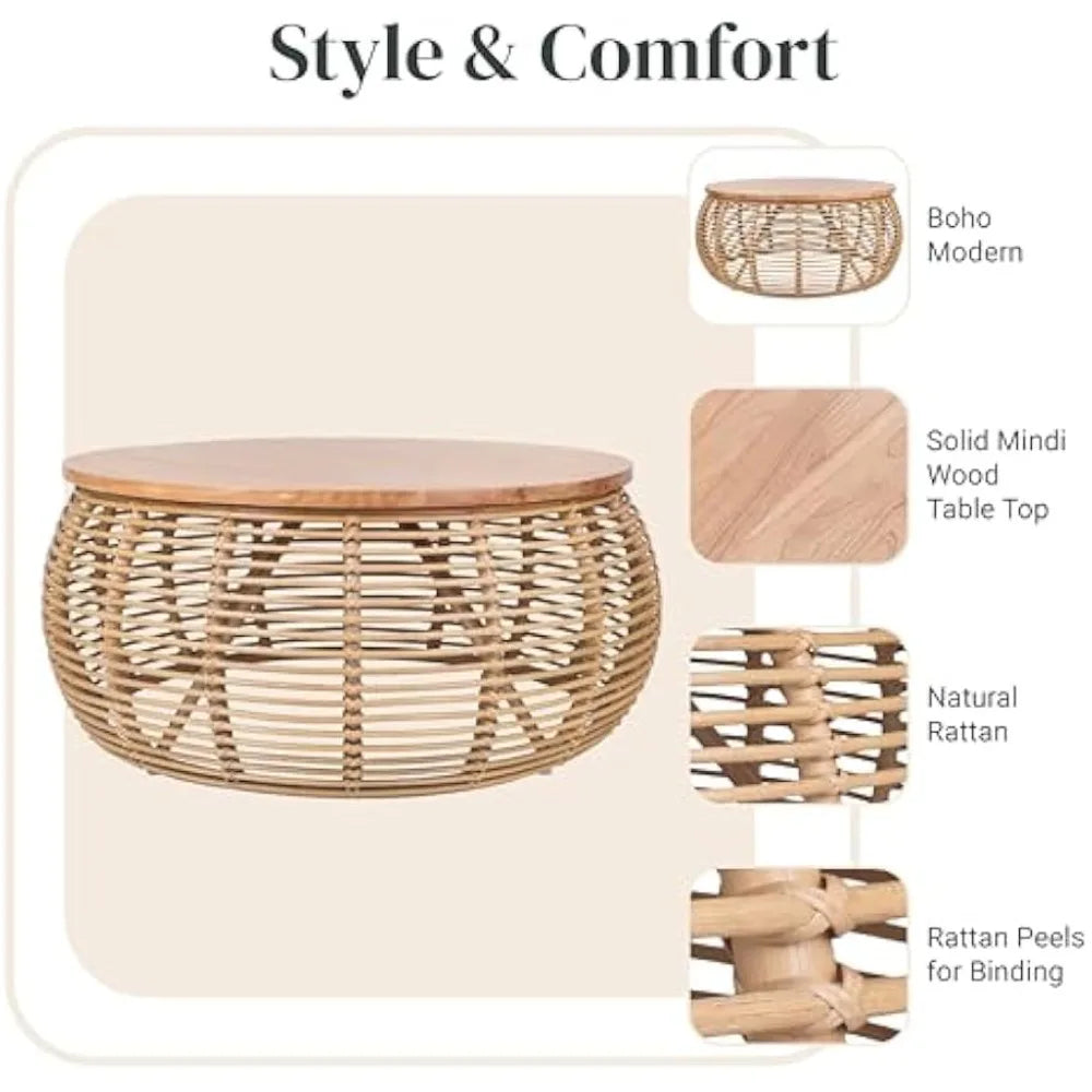 npd furniture and more Iris Rattan Round Coffee Table, Honey Brown