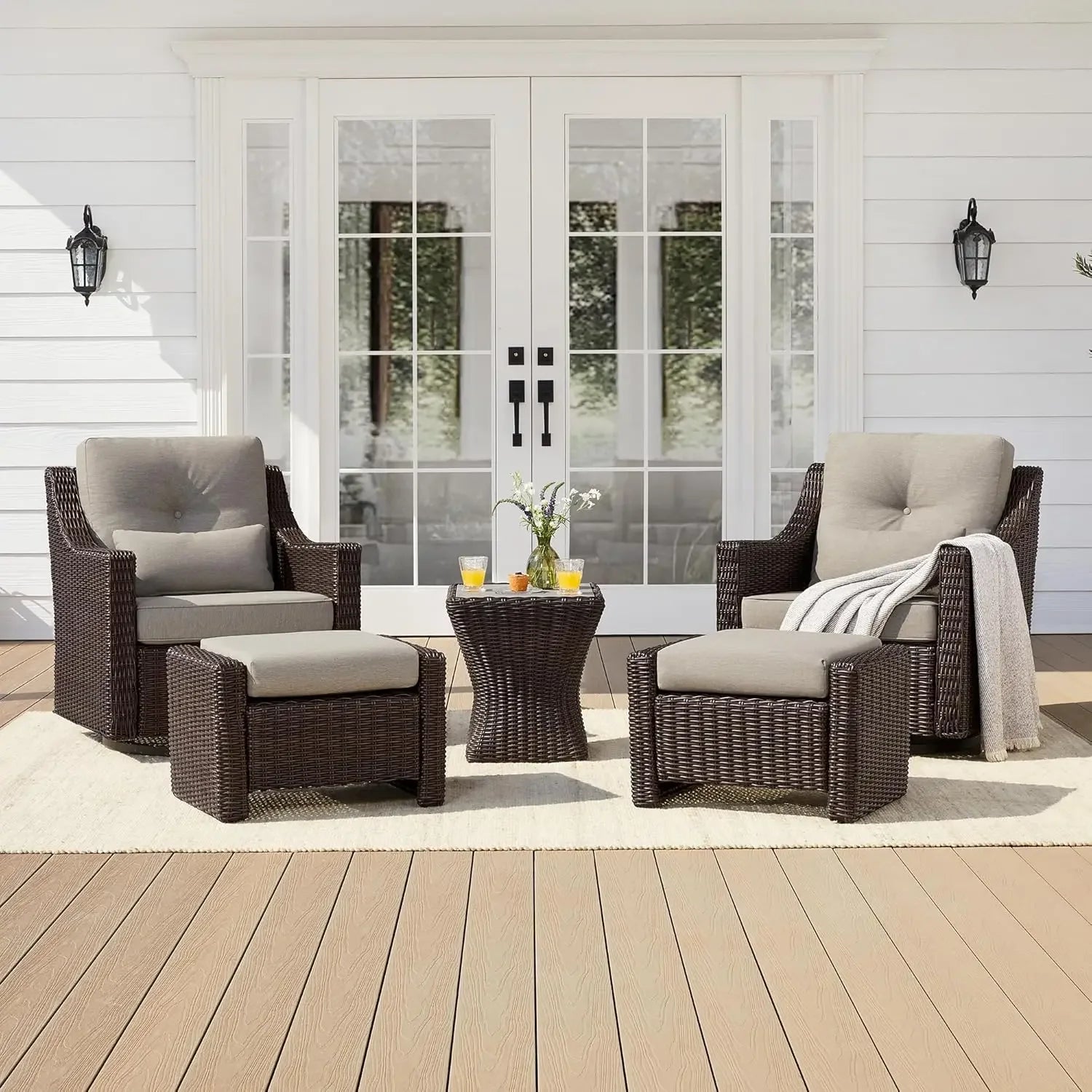 5-Piece Wicker Patio Furniture Set with Swivel Rockers & Ottomans
