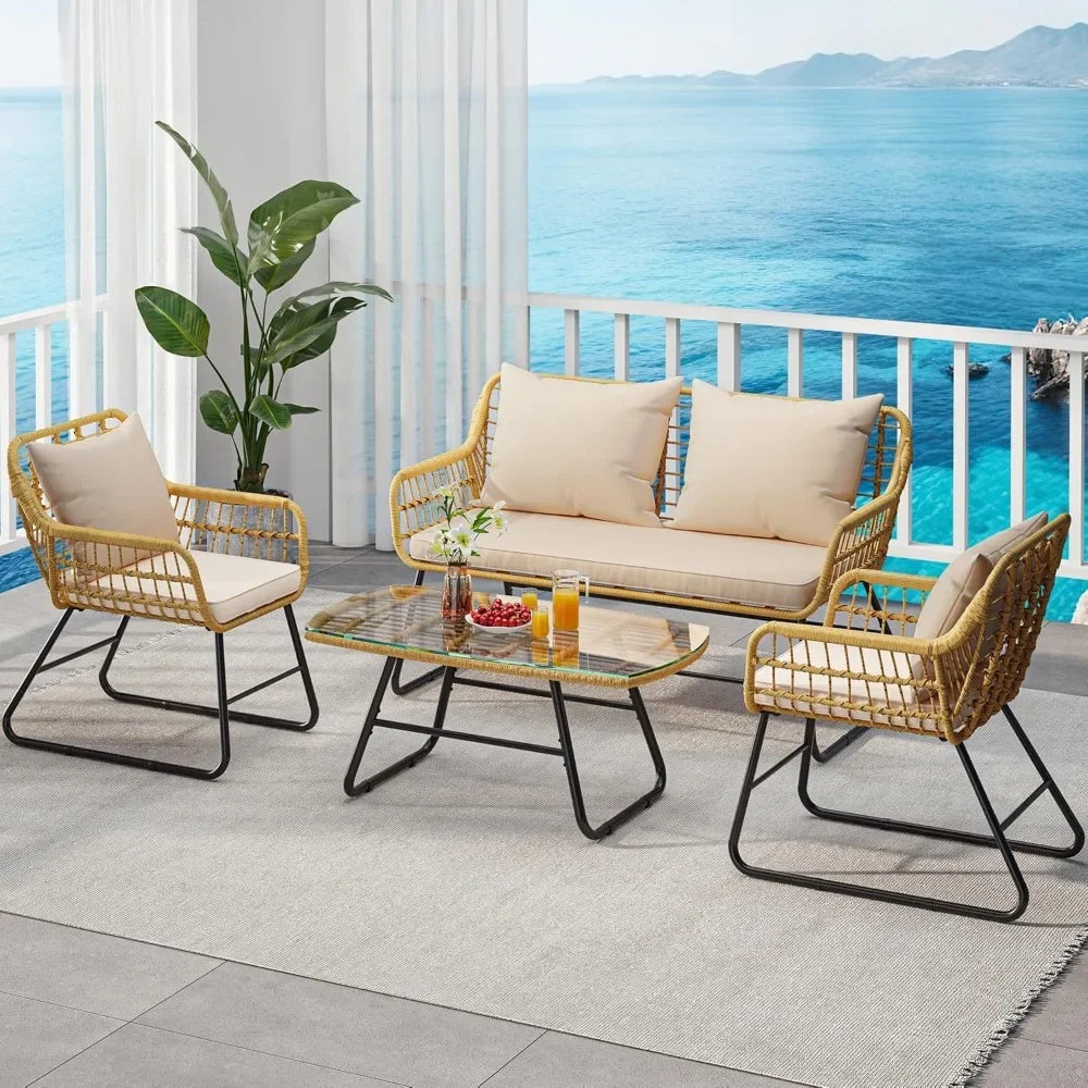 4-Piece Wicker Outdoor Patio Set with Cushions & Glass Table