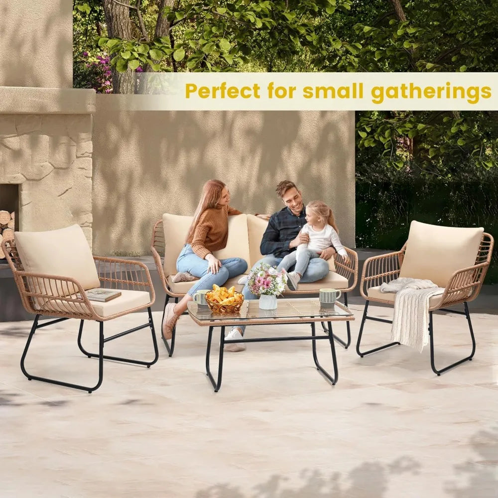 4 Piece Patio Bistro Outdoor Furniture Set, Wicker Sofa, 2 Rattan Chairs, and Table, Backyard Conversation Set, All Weather