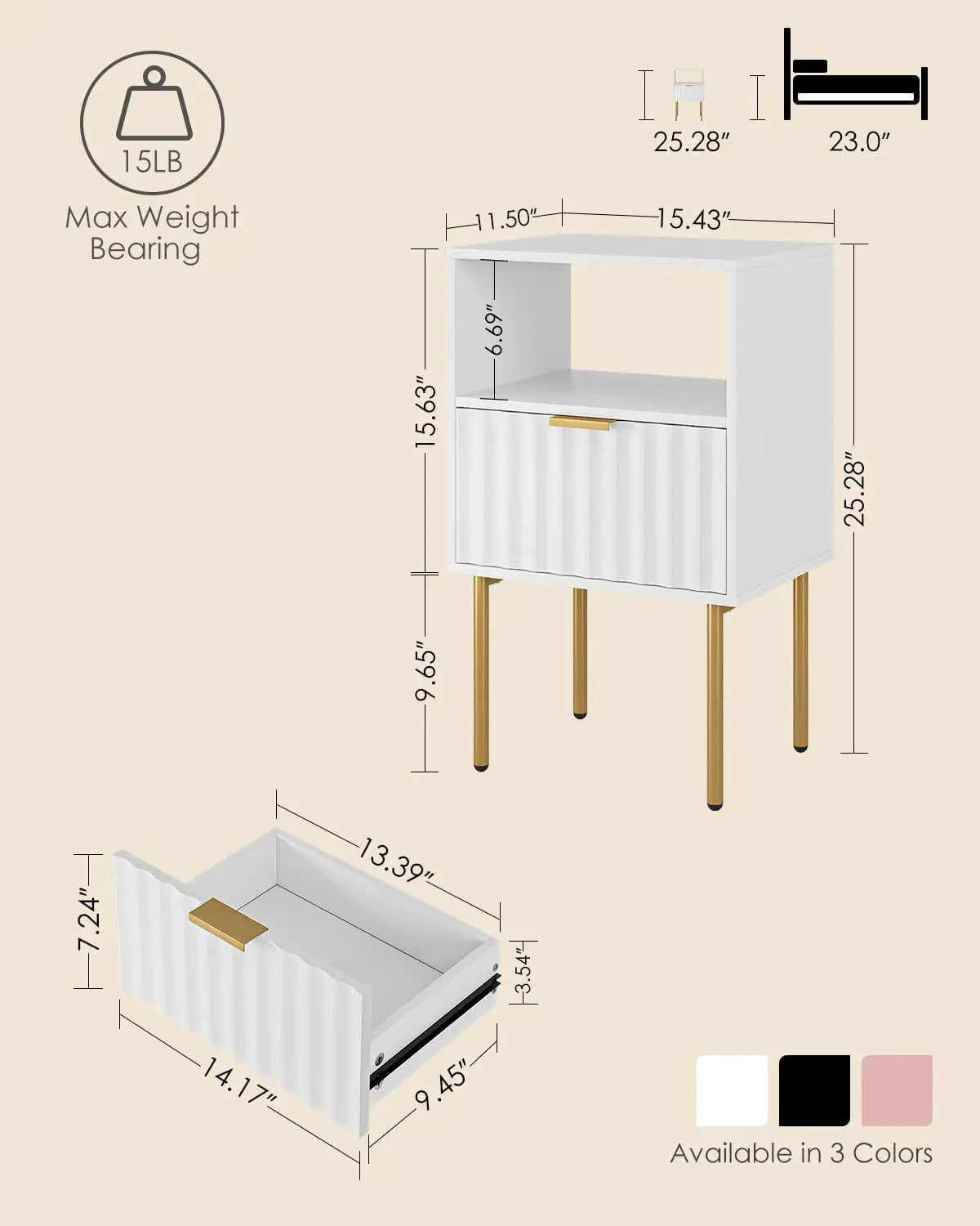 Modern White Nightstand with Gold Frame and Drawer