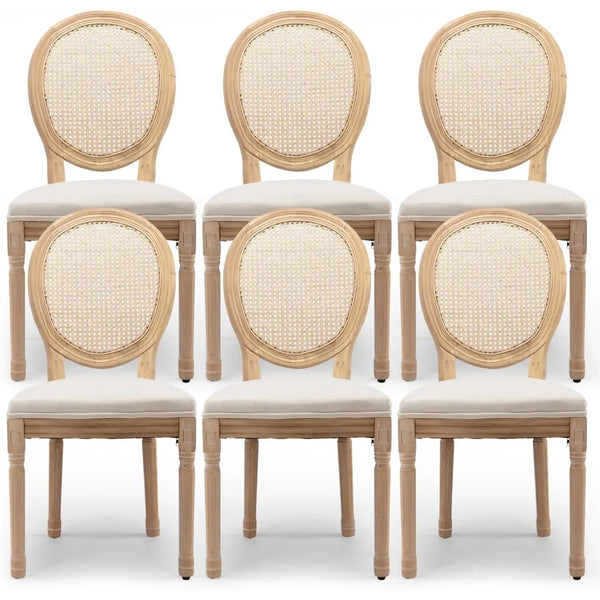 Set of 6 French Country Rattan Back Dining Chairs
