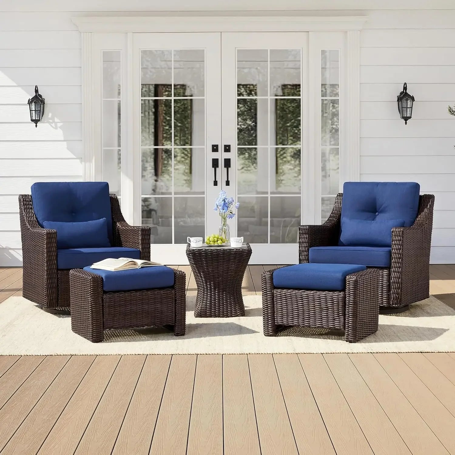 5-Piece Wicker Patio Furniture Set with Swivel Rockers & Ottomans