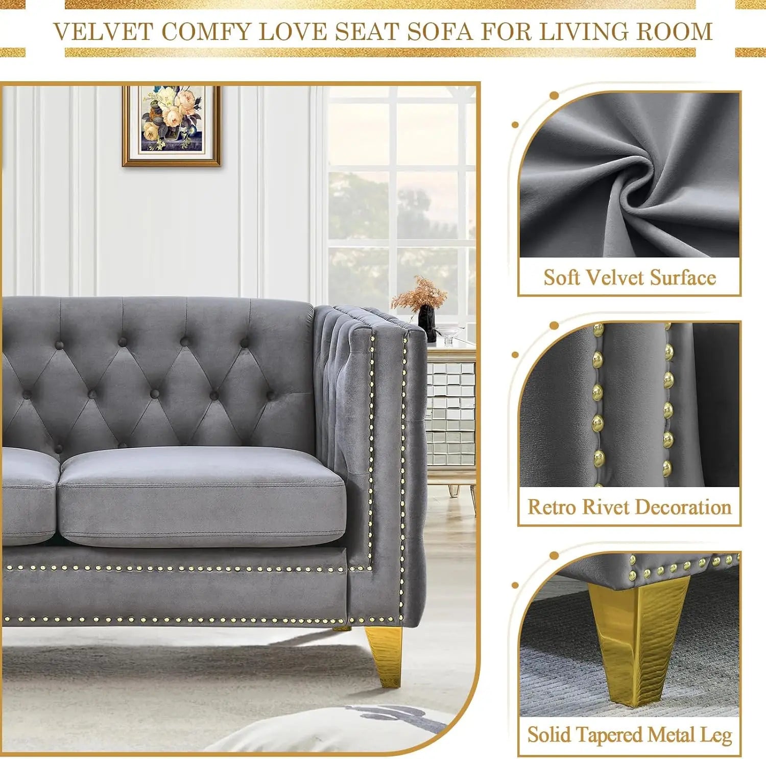 Velvet Living Room Sofa Set – Loveseat & 3-Seater with Tufted Back & Rivet Detail