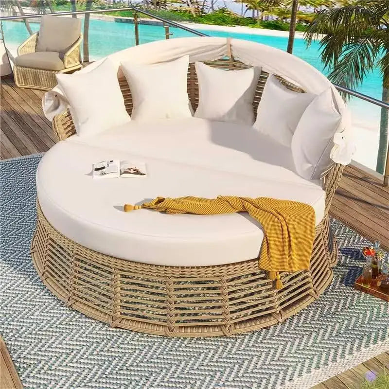 Round Rattan Patio Daybed with Canopy