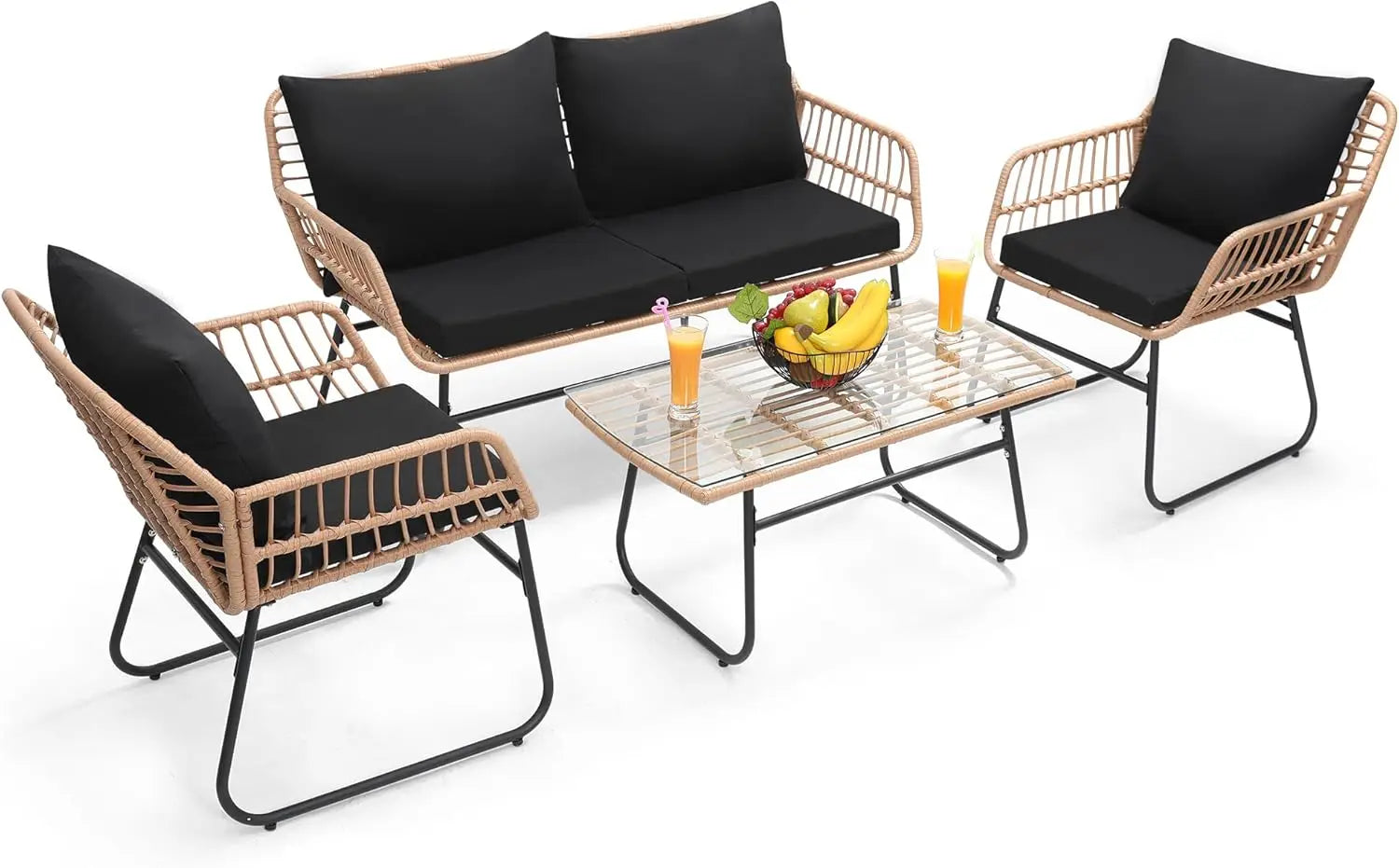 4 Piece Patio Bistro Outdoor Furniture Set, Wicker Sofa, 2 Rattan Chairs, and Table, Backyard Conversation Set, All Weather