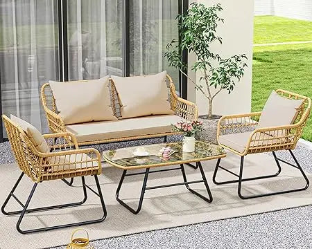 4-Piece Wicker Outdoor Patio Set with Cushions & Glass Table