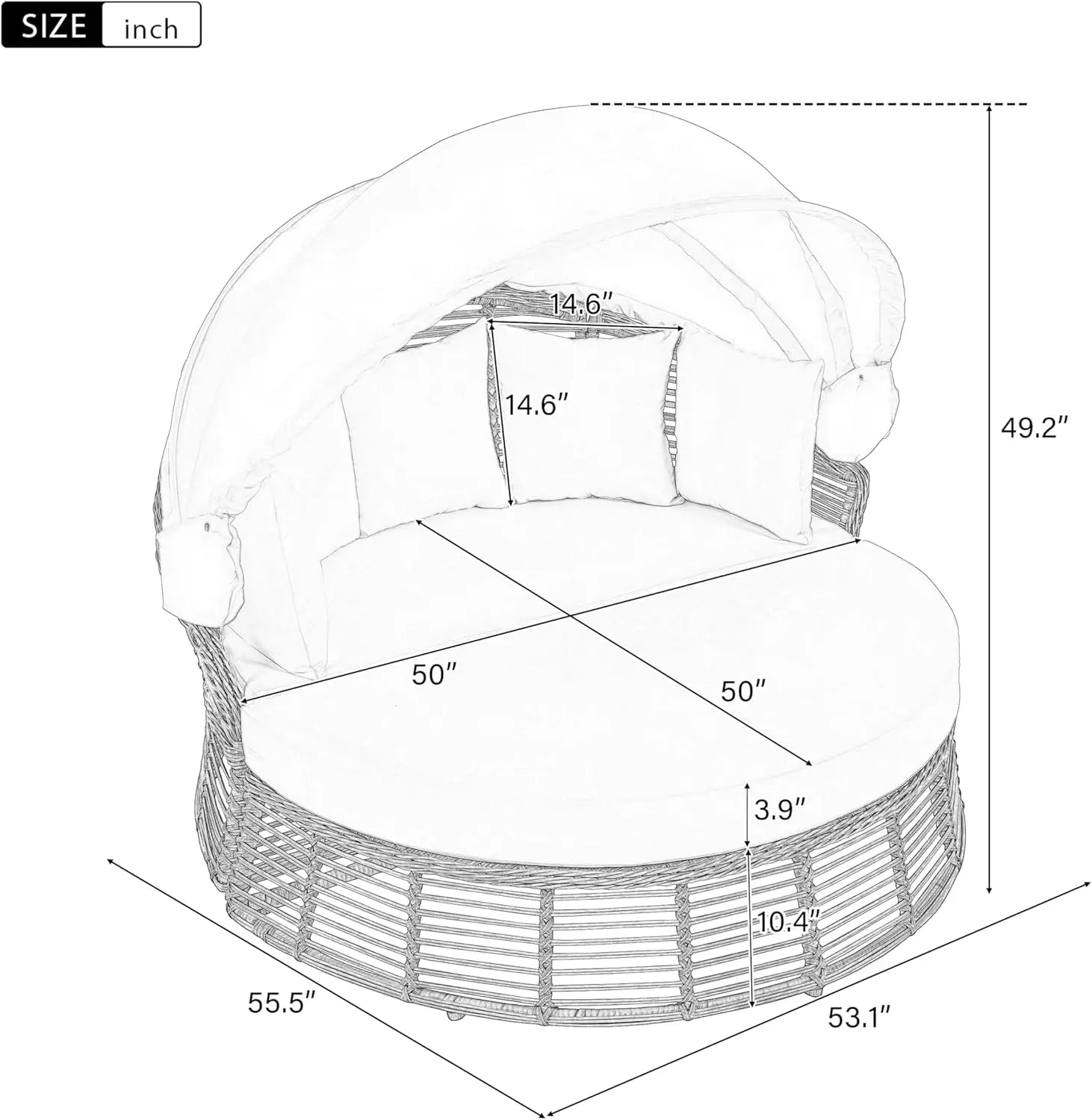 Round Rattan Patio Daybed with Canopy
