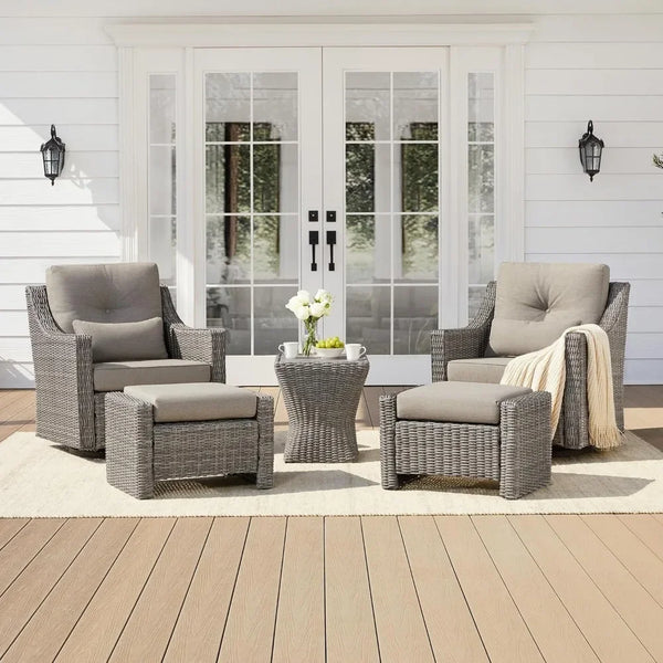 5-Piece Wicker Patio Furniture Set with Swivel Rockers & Ottomans